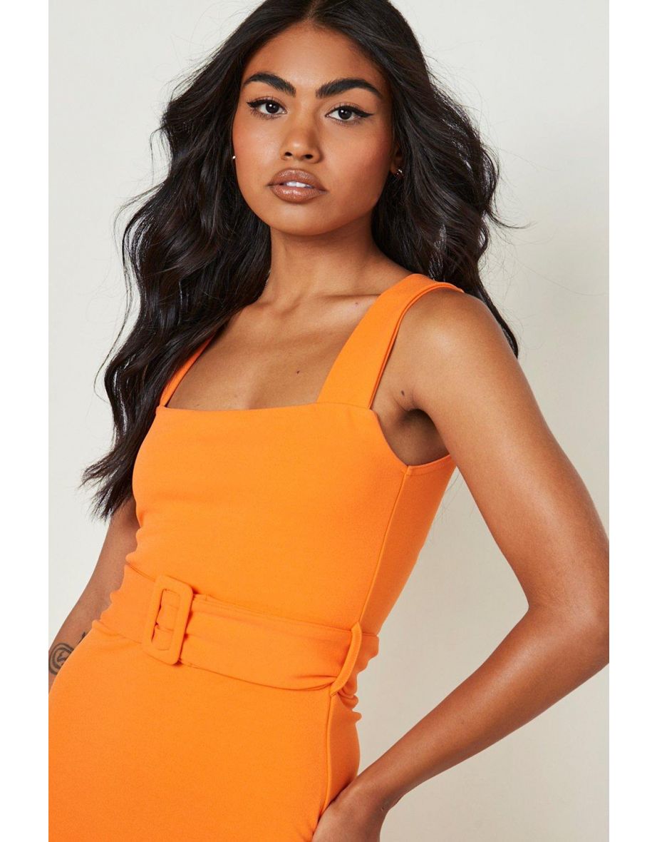 Square Neck Strappy Belted Midi Dress - orange - 3
