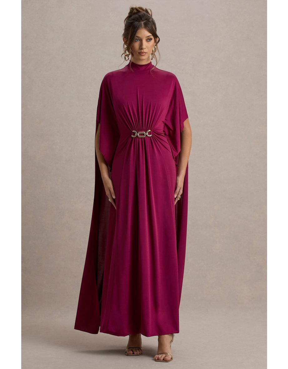 Olessia | Burgundy Belted Gathered Cape-Sleeve Maxi Dress