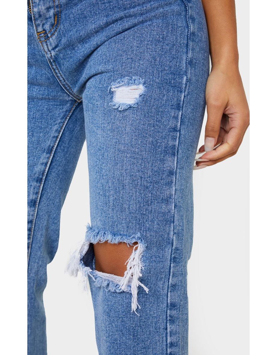 Mid Wash Extra Long Distressed Straight Leg Jeans - 3