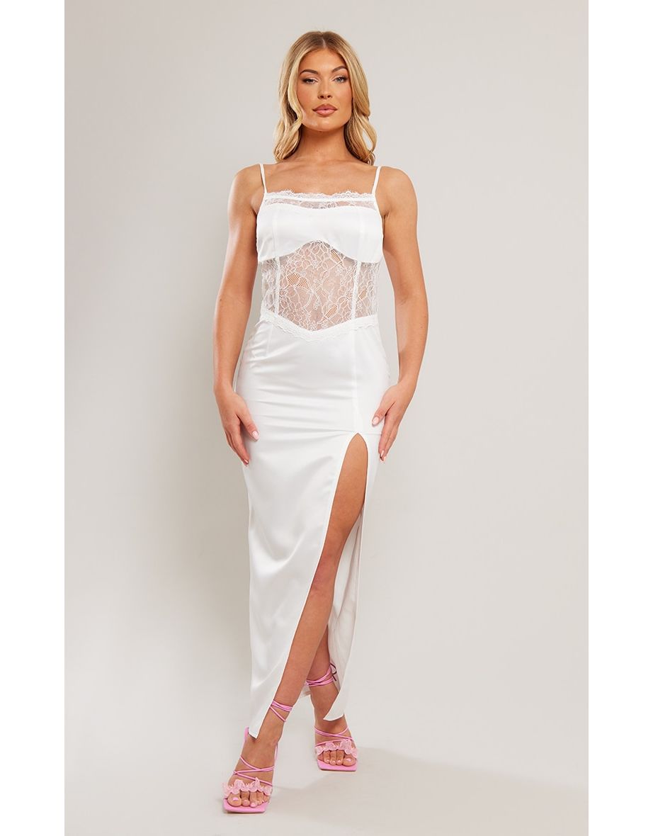 White Satin Lace Insert Strappy Split Detail Midaxi Dress