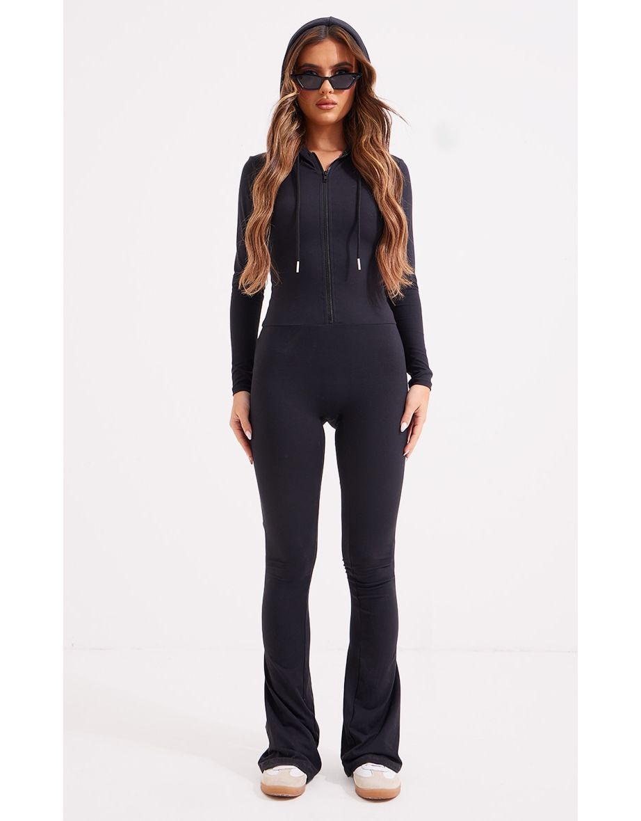 Black Contour Sculpt Hooded Jumpsuit
