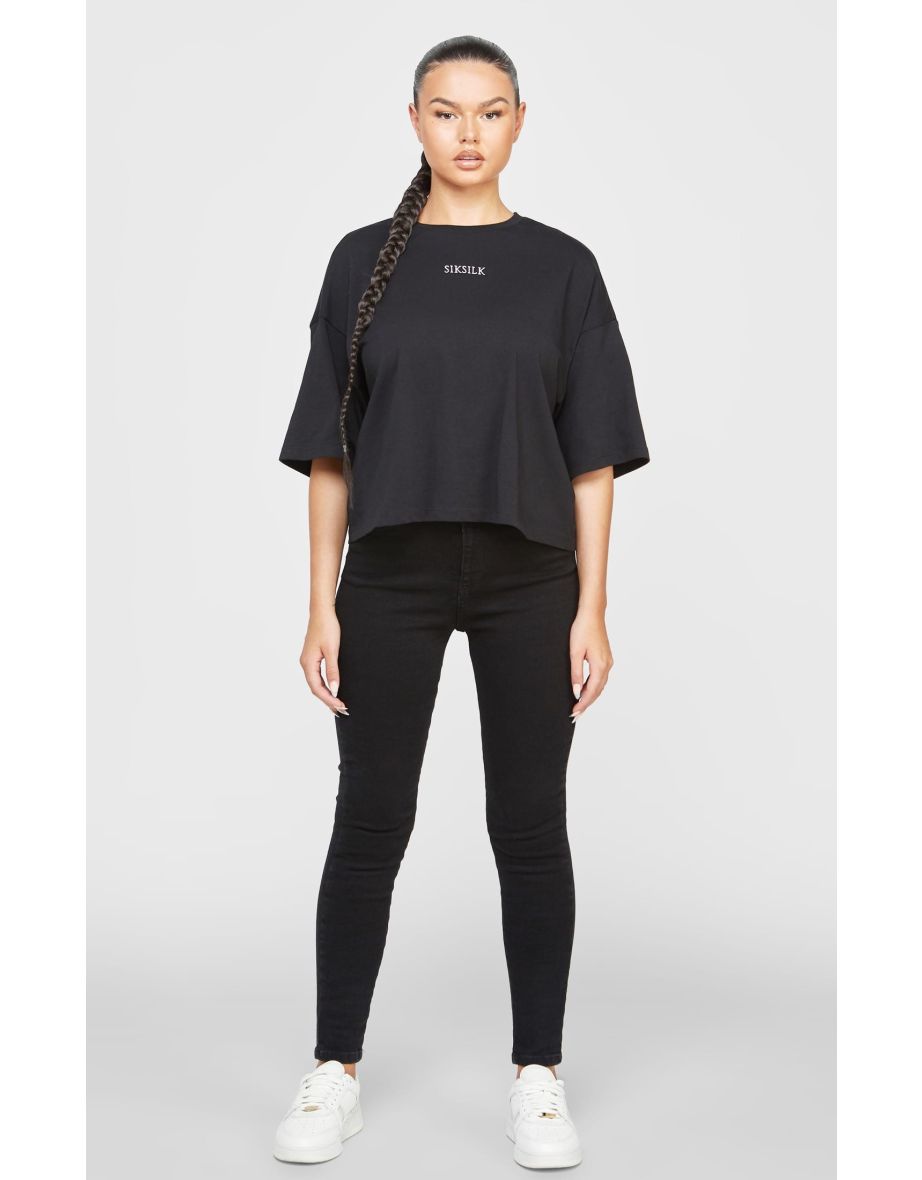 Women's SikSilk Branded Cropped T-Shirt in Black
