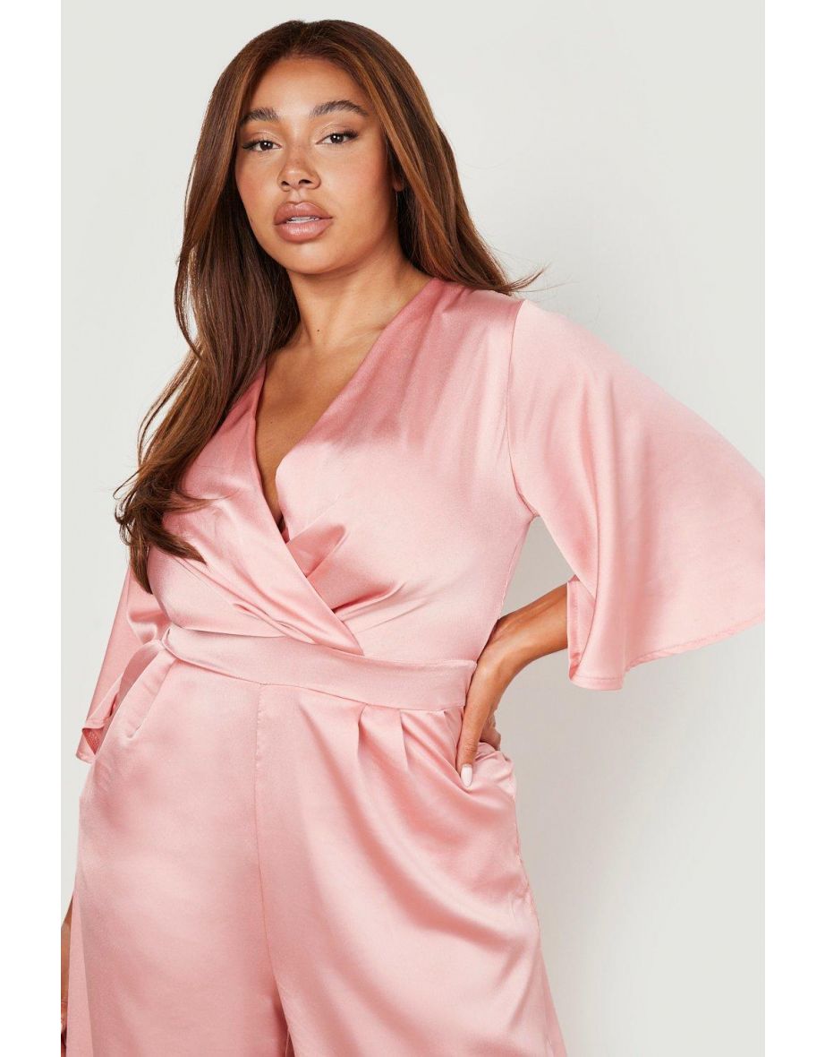Plus Satin Pleated Wide Leg Jumpsuit - light pink - 3