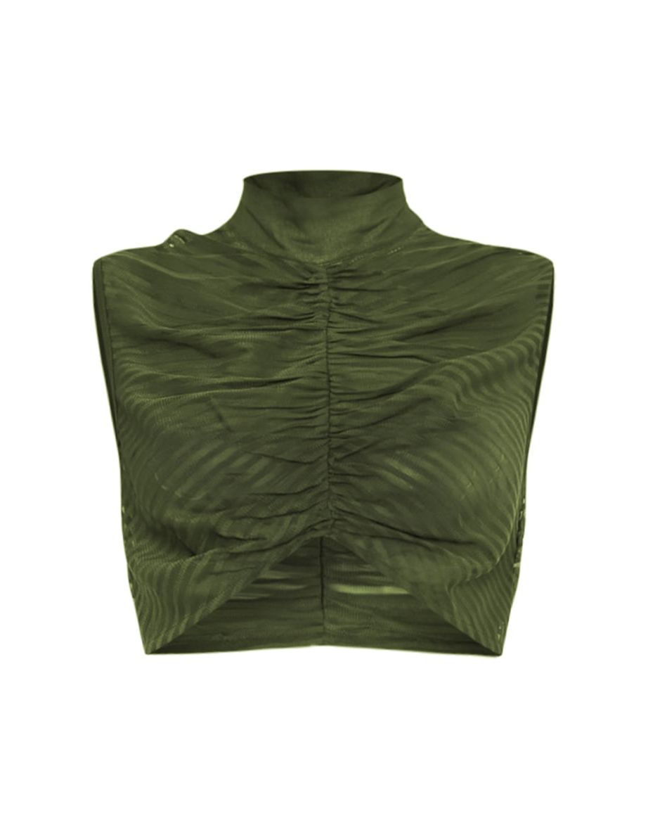 Shape Khaki Sheer Mesh High Neck Crop Top - 3