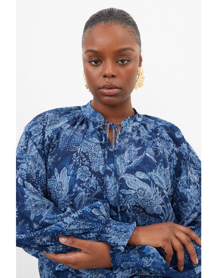 Plus Size Top Stitch Floral Crinckle Cotton Woven Blouse - 1