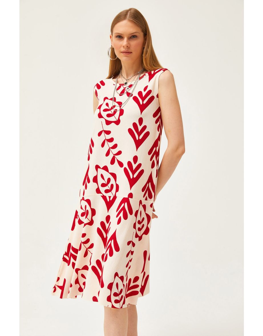 Women's Ecru Red Skirt Piece Knitted Dress - 5