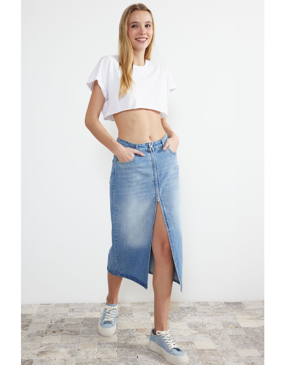 Shop Blue Front Zipper High Waist Midaxi Denim Skirt Online in Saudi Arabia VogaCloset