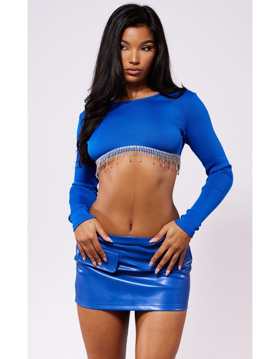 Bright Blue Bandage Embellished Long Sleeve Crop Top