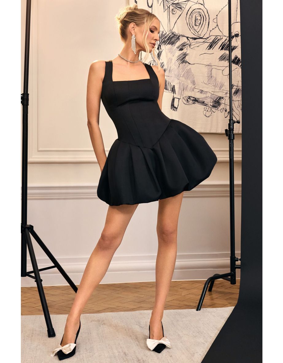 Bramble | Black Satin Square-Neck Puffball Mini Dress