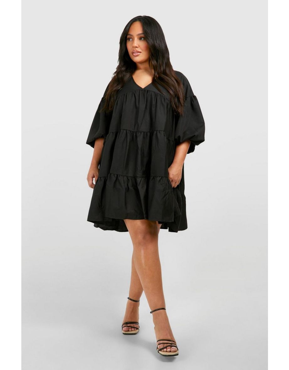 Plus Poplin V Neck Tiered Smock Dress - black