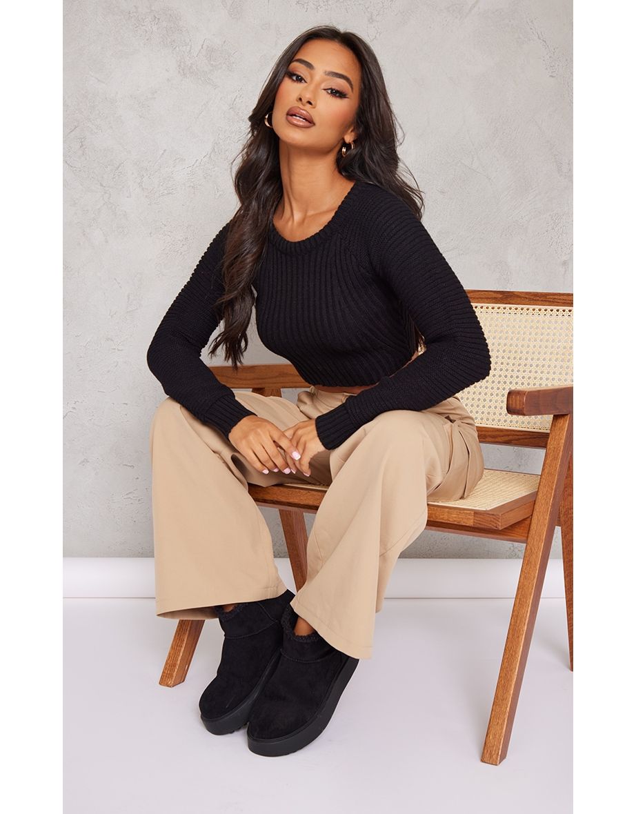 Petite Black Cropped Knit Jumper