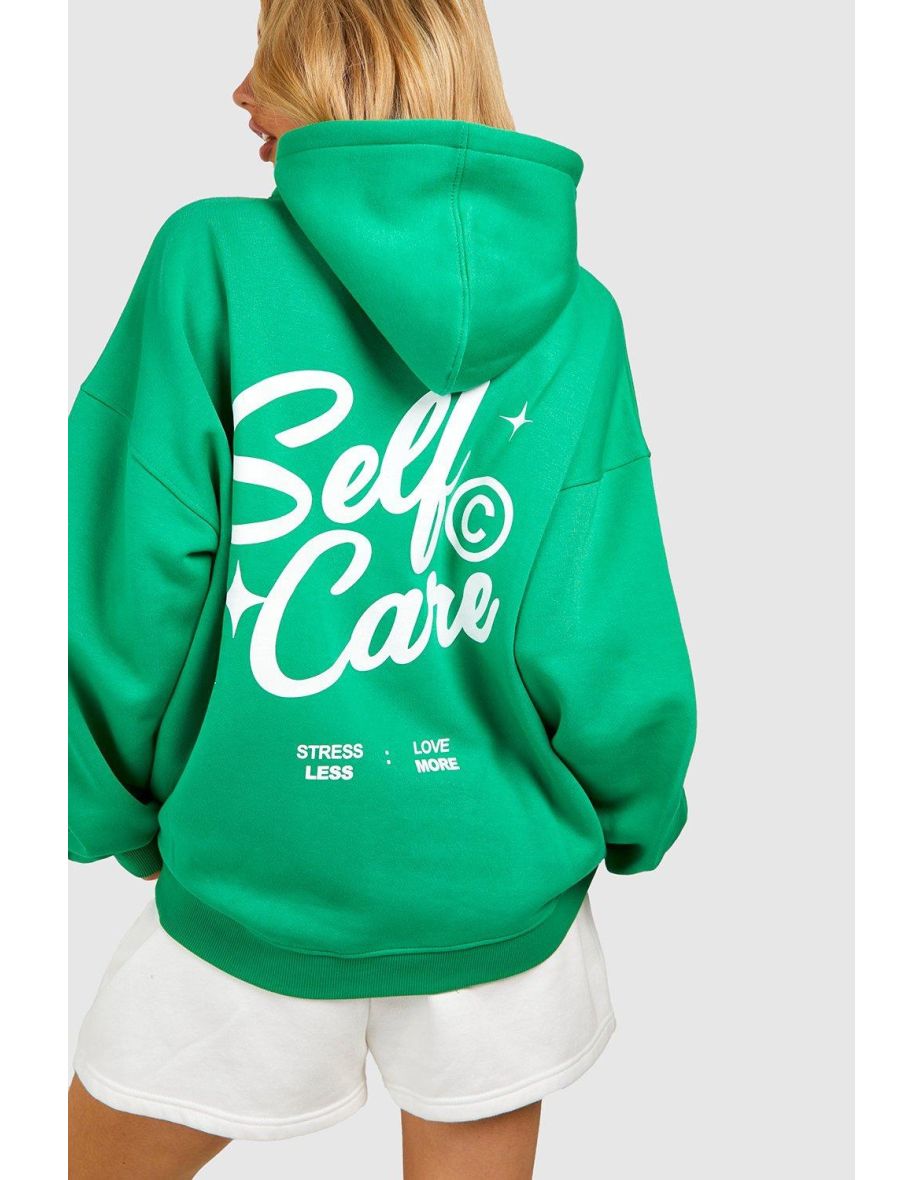 Self Care Slogan Back Print Hoodie - green - 3