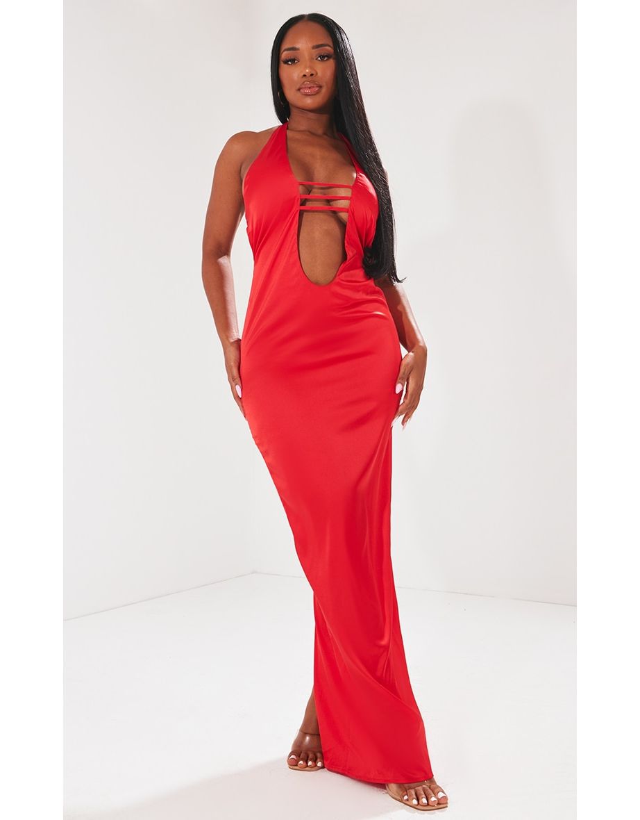 Shape Red Satin Plunge Front Halterneck Maxi Dress