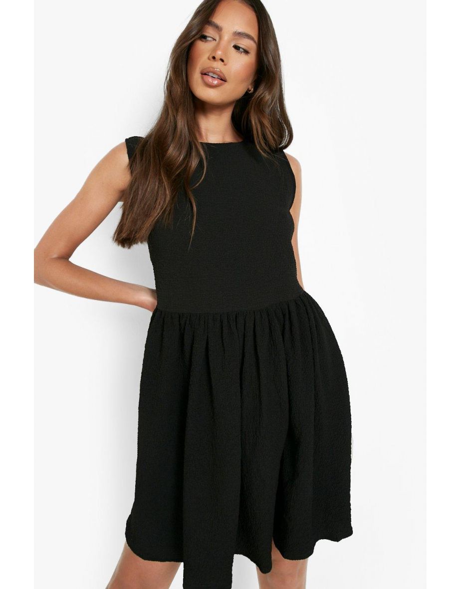 Pleated Drop Arm Mini Smock Dress - black - 3