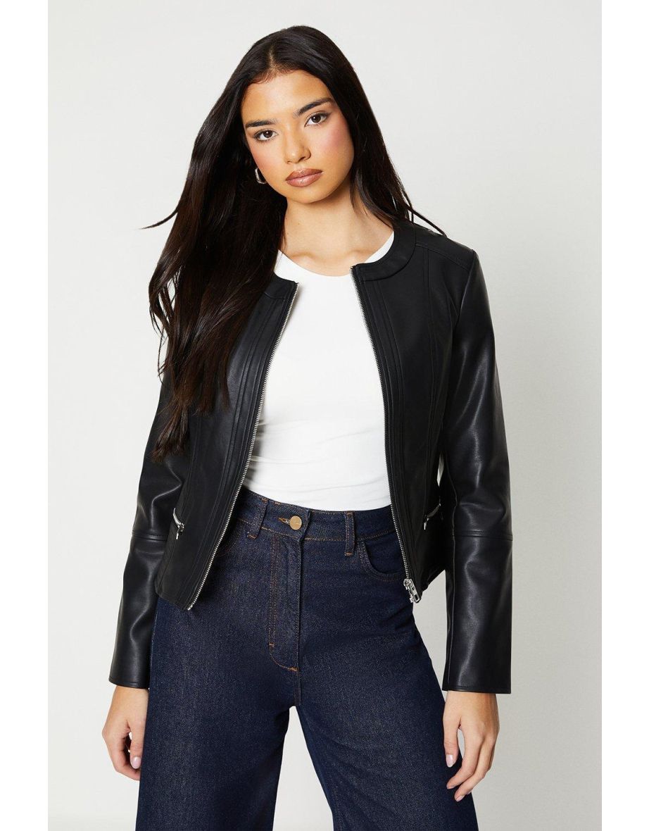Faux Leather Collarless Jacket