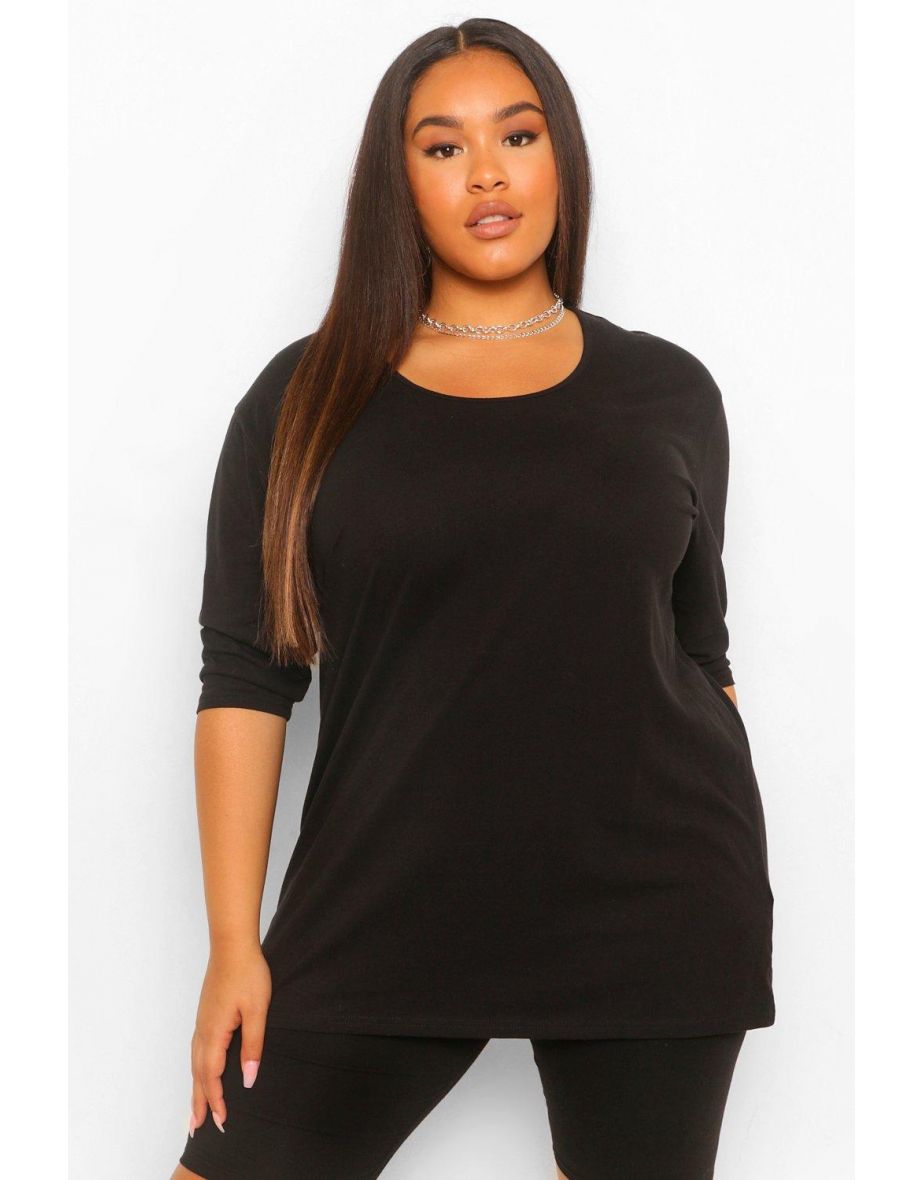Plus Basic Oversize Dip Hem 3/4 Sleeve T-Shirt - black