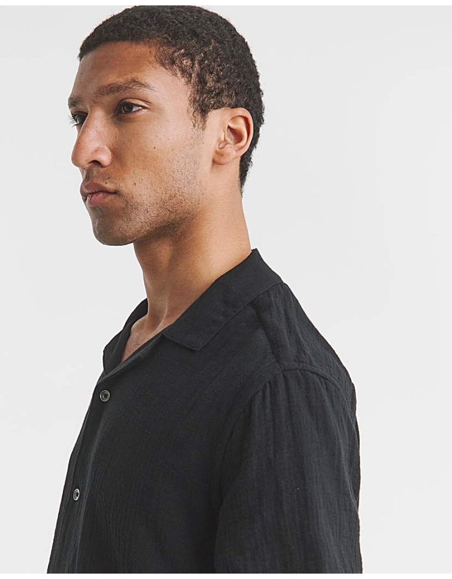 SS Black Revere Collar Cheesecloth Shirt - 4