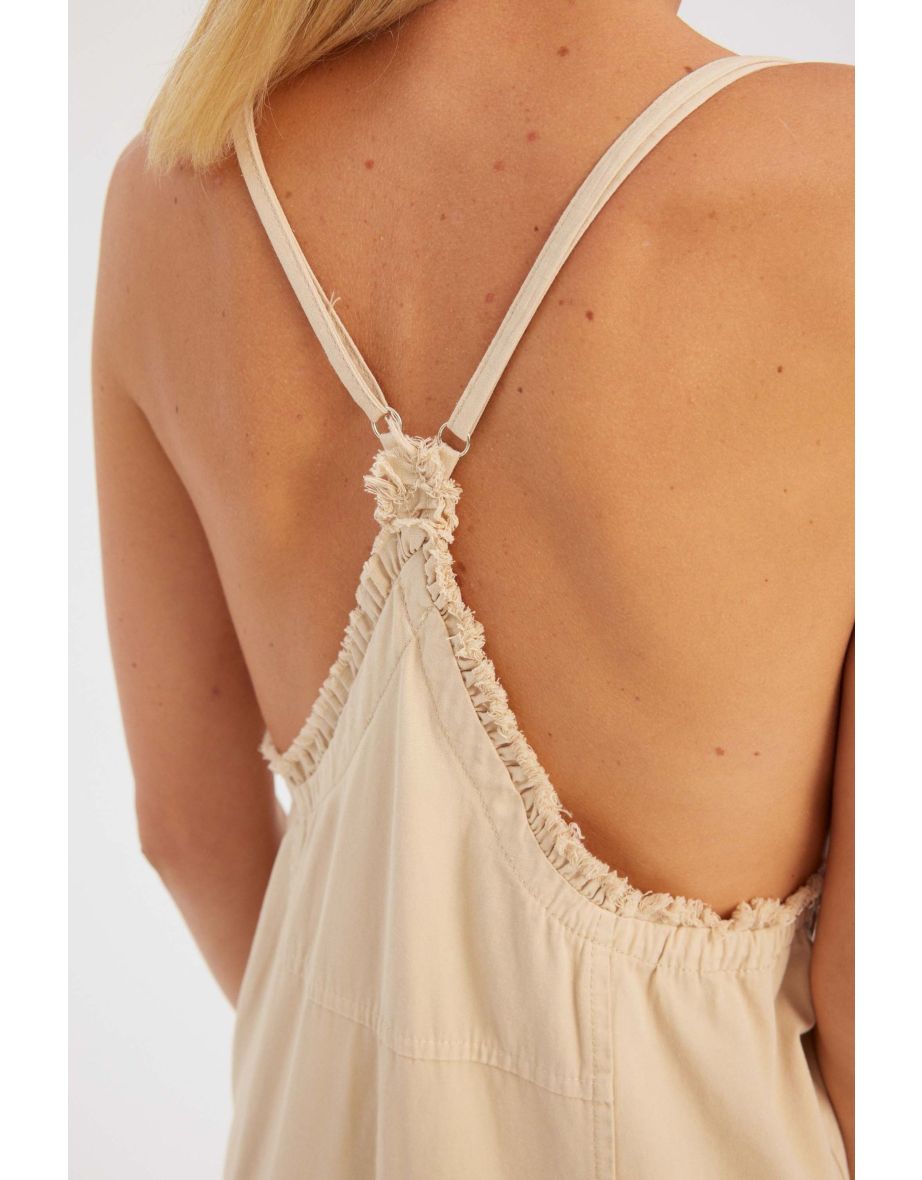 Square Neck Strappy Straight Leg Cotton Jumpsuit - 4