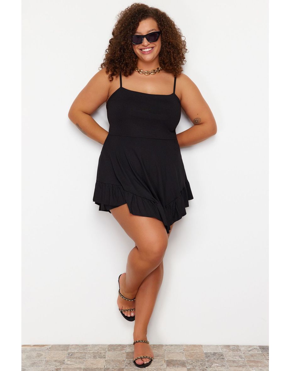 Plain Mini Knitted Jumpsuit with Black Strappy Flounce Shorts