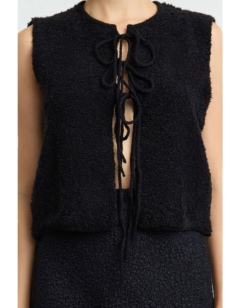 Black Soft Textured Ribbon/Bow Detailed Knit Vest - 4