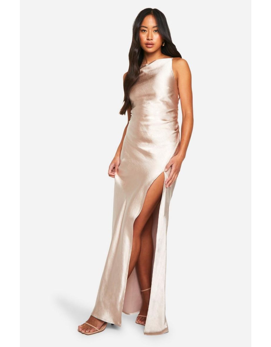 Bridesmaid Satin Slash Neck Floor Length Dress - oyster