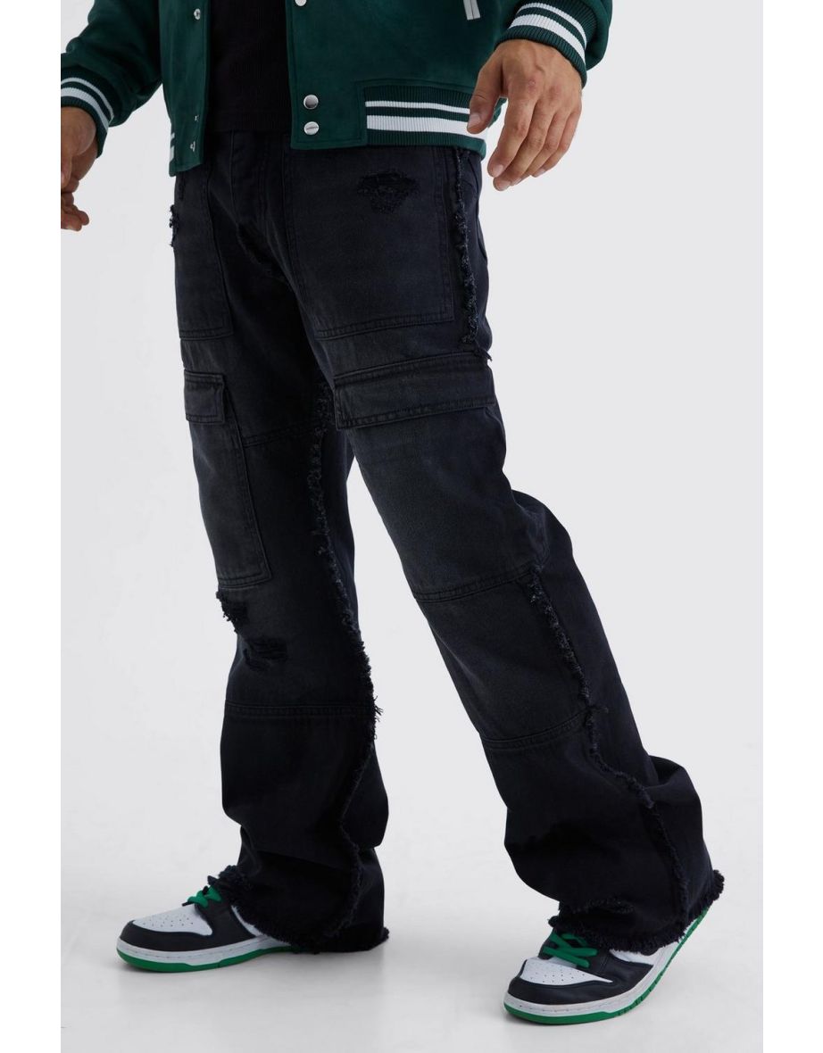 Relaxed Rigid Flare Frayed Edge Cargo Jeans - washed black