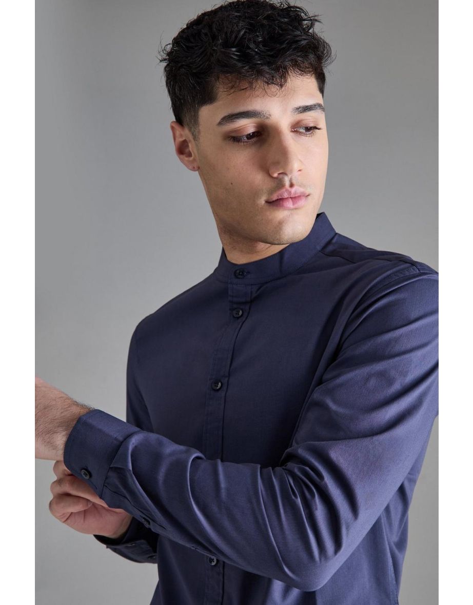 Long Sleeve Grandad Collar Shirt - navy - 2