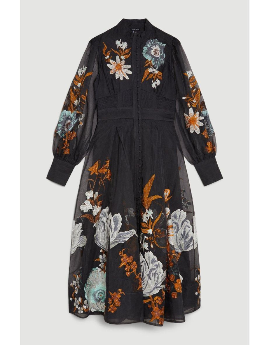 Black Floral Embroidered A-Line Midaxi Skater Dress with Long Sleeve - 3