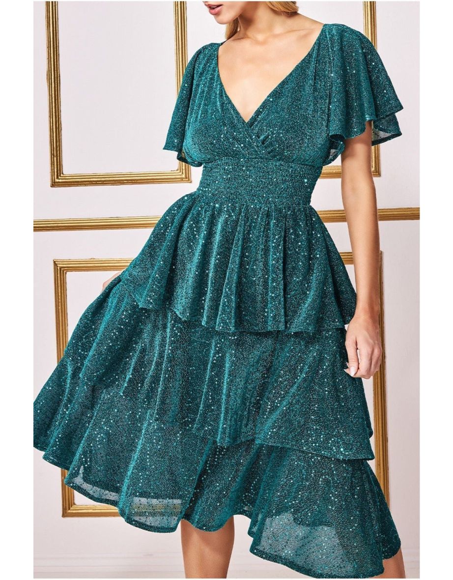 Goddiva Sequin Lurex Tiered Midi Dress - Teal Blue - 3