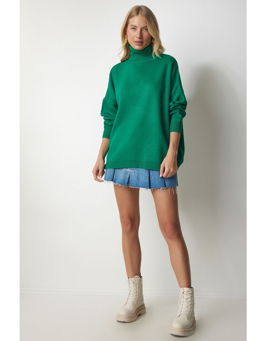 Women's Green Turtleneck Oversized Knitwear Sweater