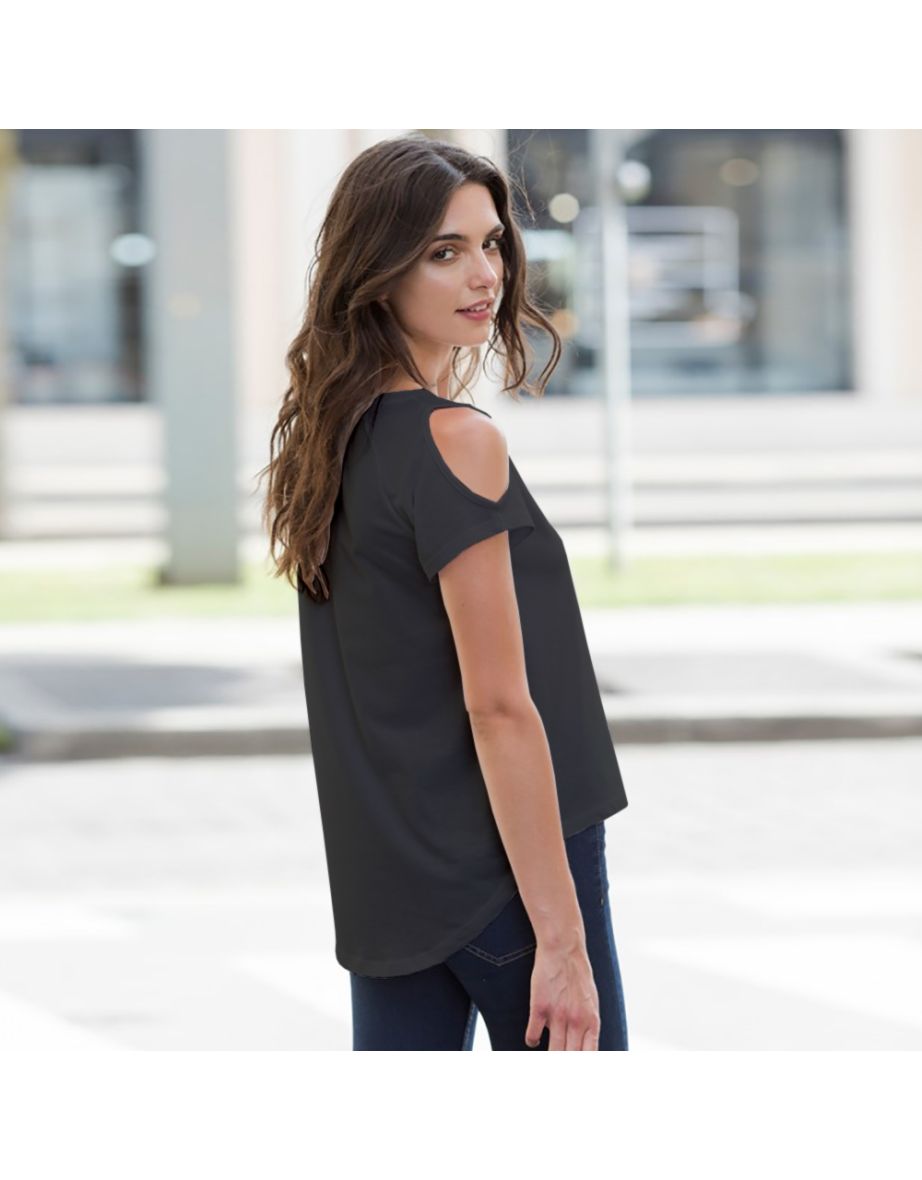 SF Womens/Ladies Plain Short Sleeve T-Shirt With Drop Detail - Black - 1