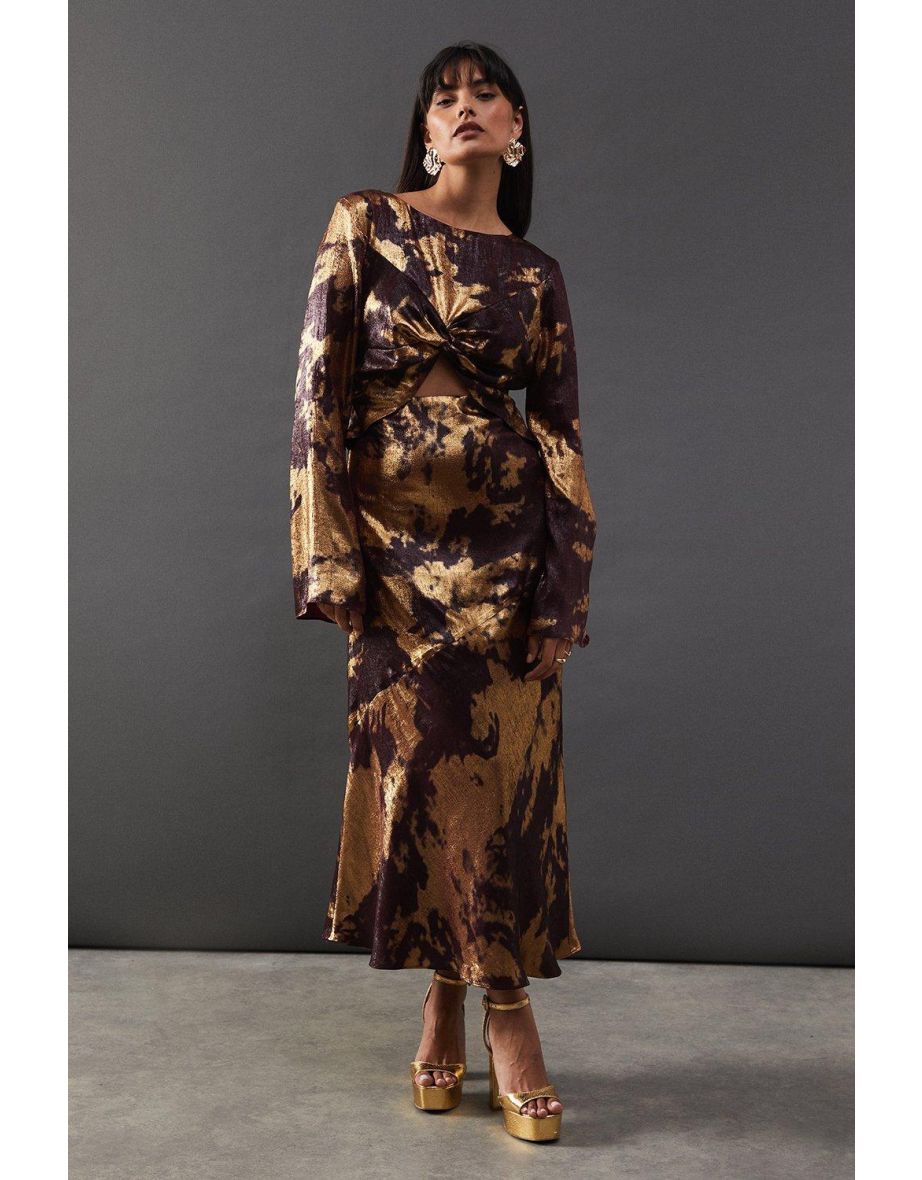 Metallic Marble Twist Front Bias Midi Dress