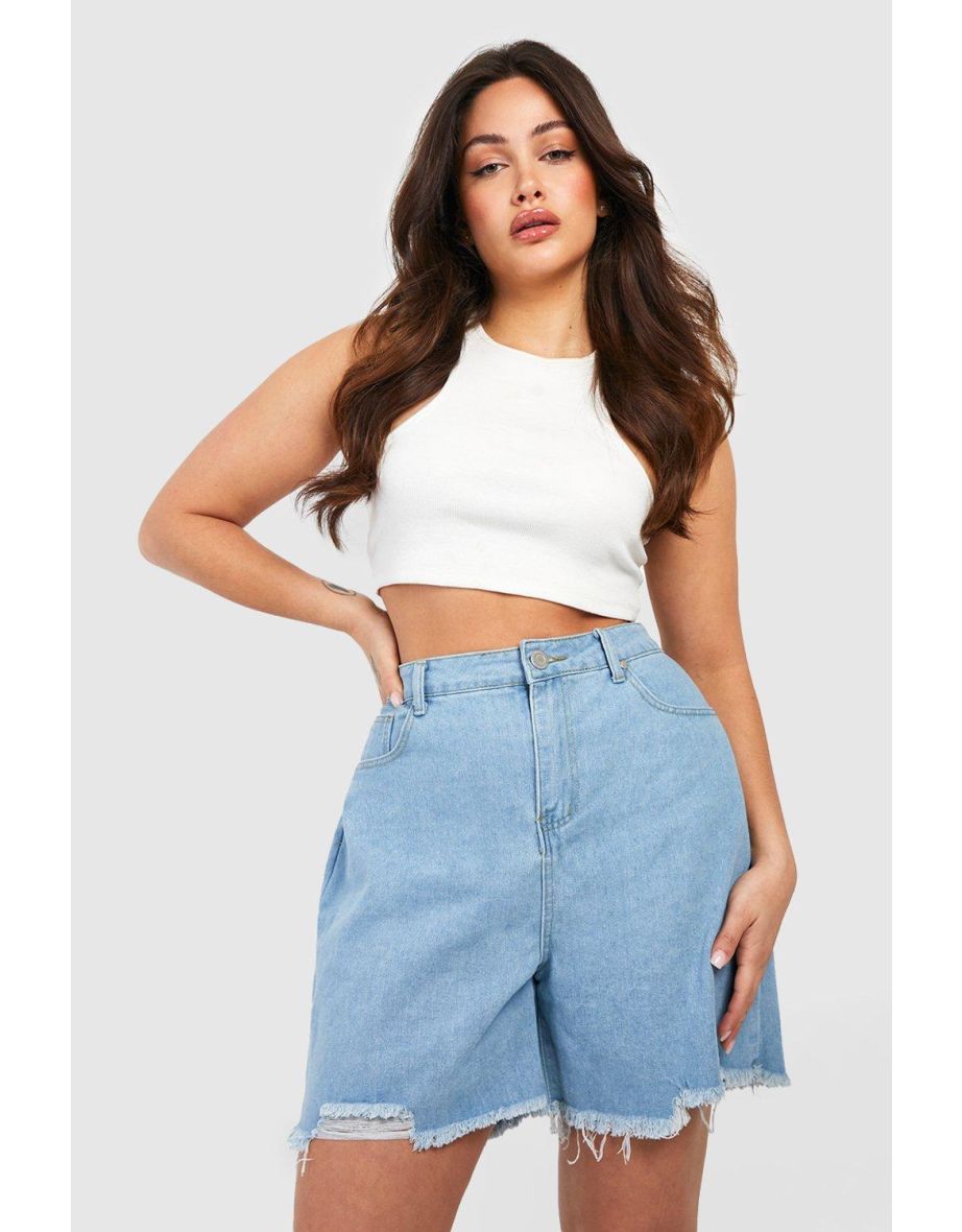 Plus Acid Wash Distressed Burmuda Shorts - light wash