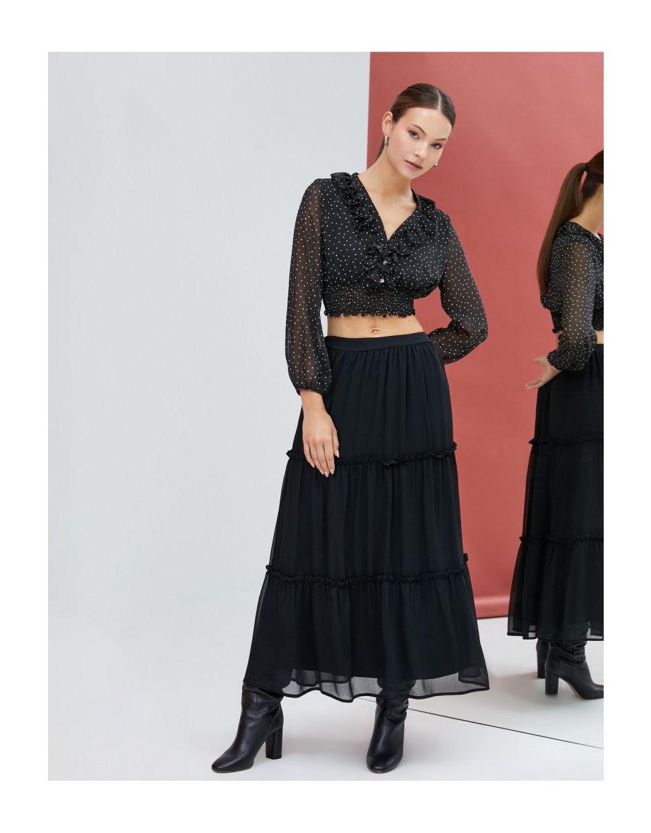 Crop Chiffon Blouse V-Neck Ruffled Polka Dot Gipeal Waist - 4