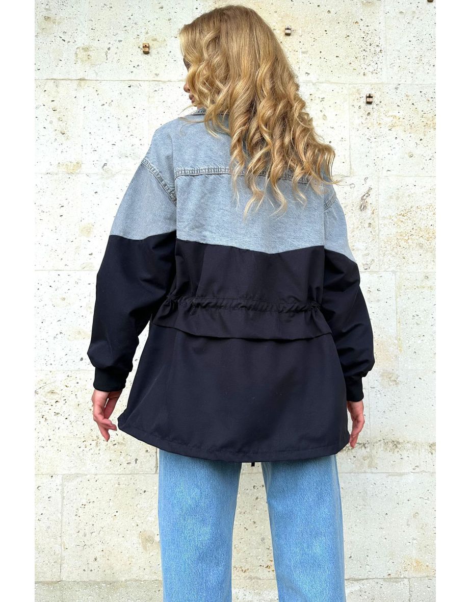 Women's Black Four Pocket Parachute Garnish Oversize Jean Jacket - 5