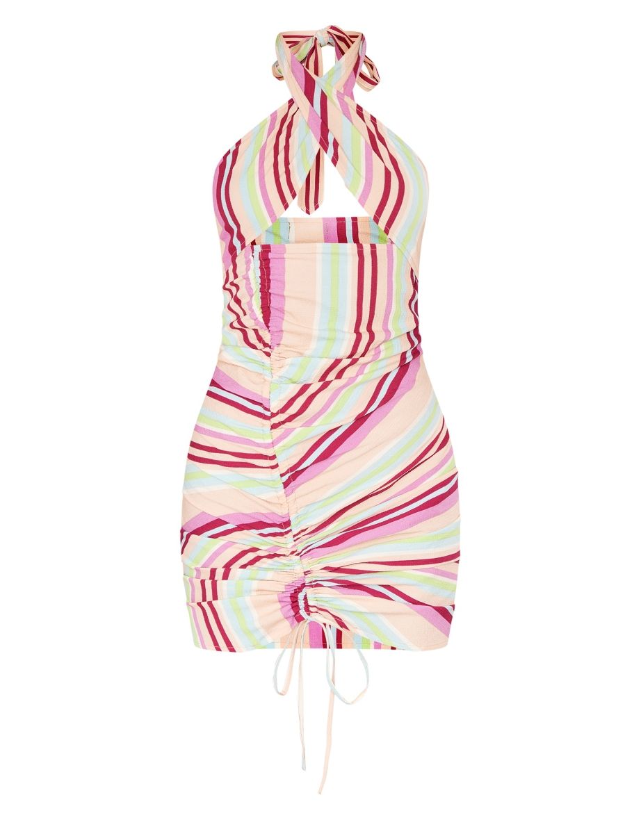 Multi Stripe Textured Wrap Neck Ruched Bodycon Dress - 4