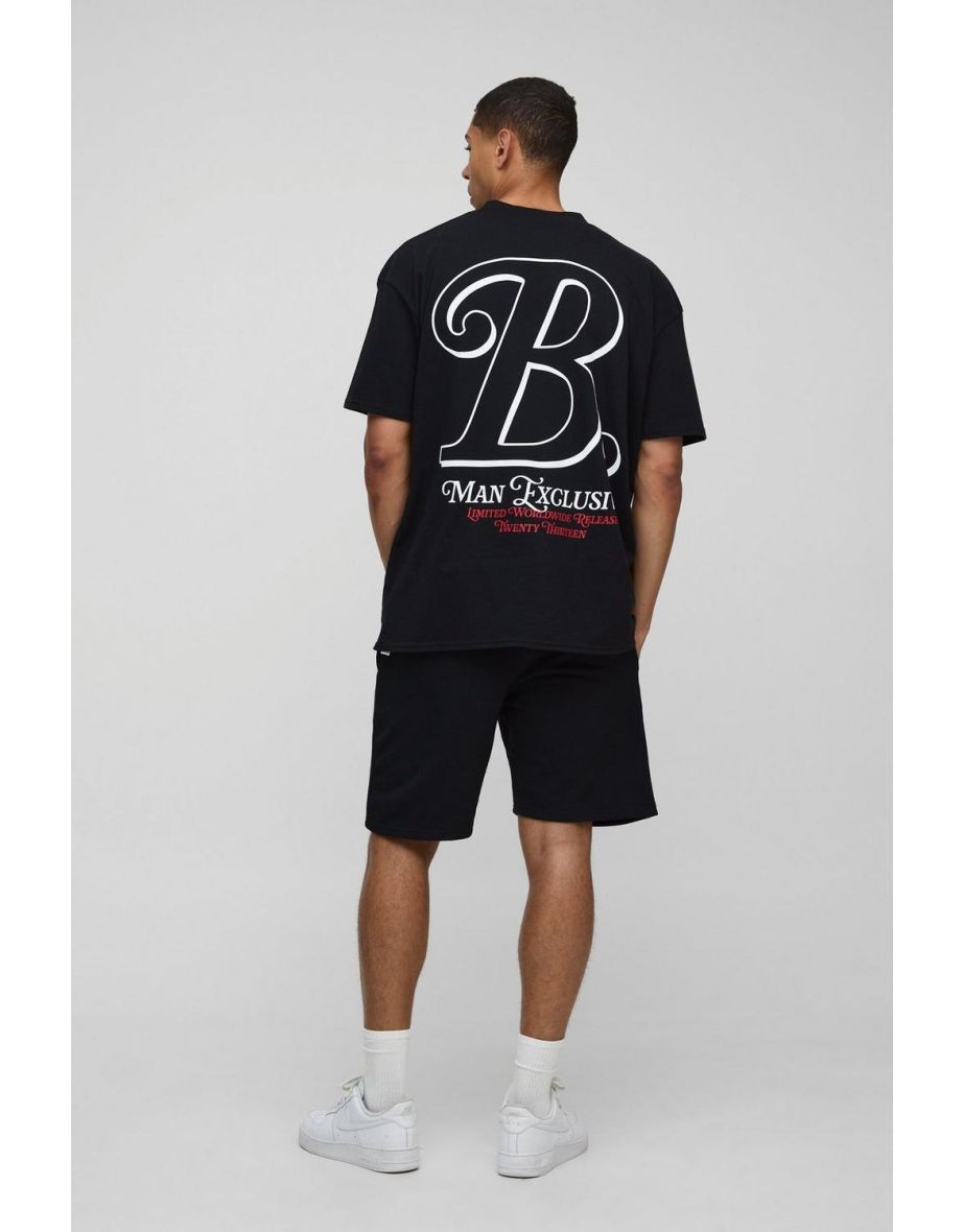 Oversized B Scroll Extended Neck T-Shirt And Short Set - black - 2