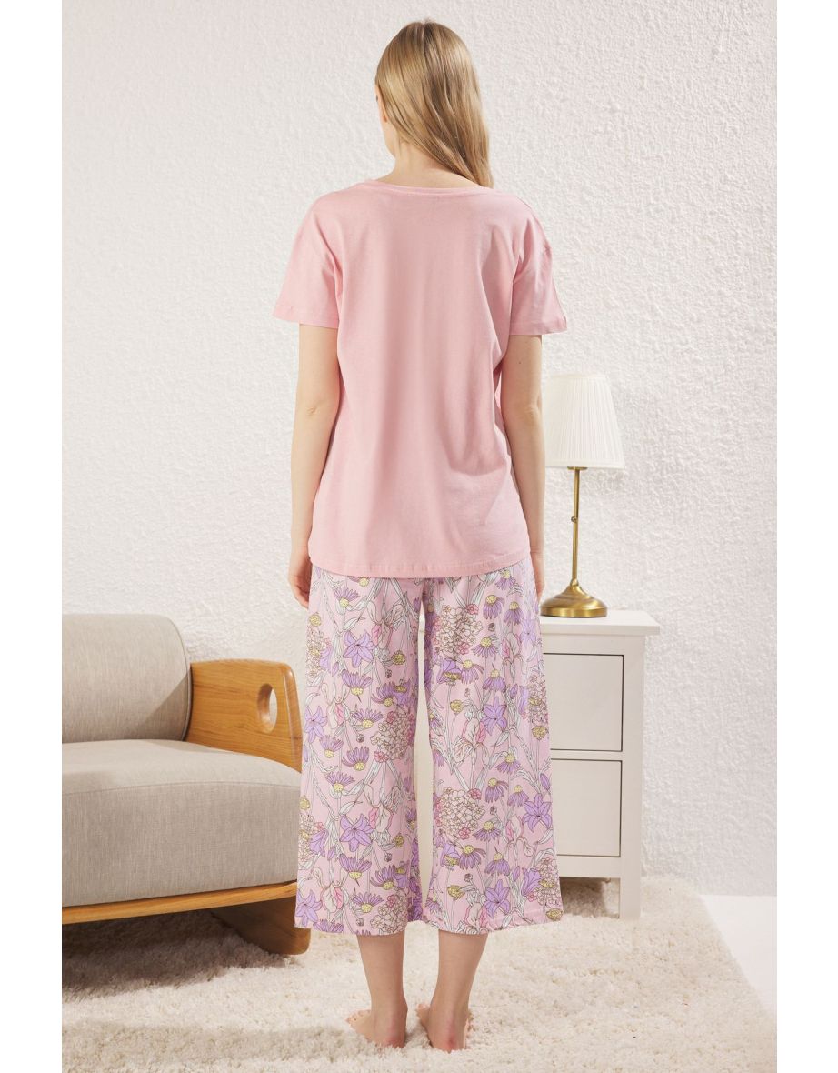 Pink Floral Capri Knitted Pajama Set - 4