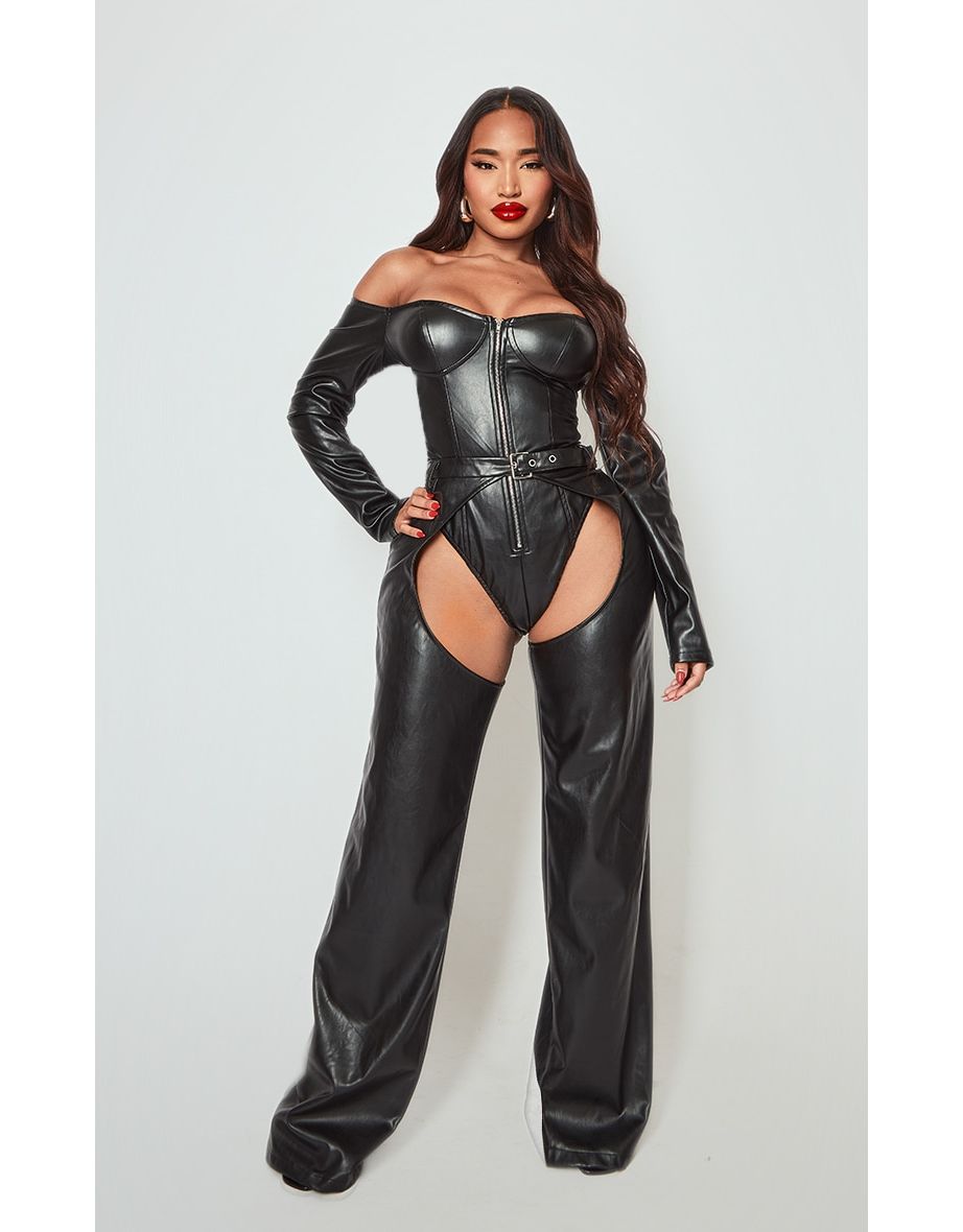 Shape Black Faux Leather Zip Front Bardot Bodysuit - 2