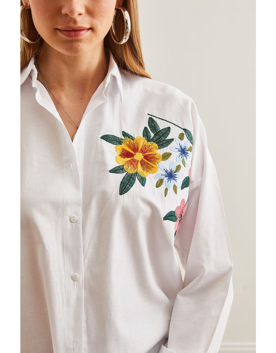 Women's Floral White Embroidery Detailed Oversize Woven Shirt - 6