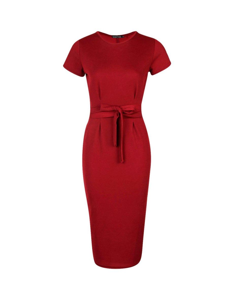 Jersey Crepe Pleat Front Belted Midi Dress - berry - 1