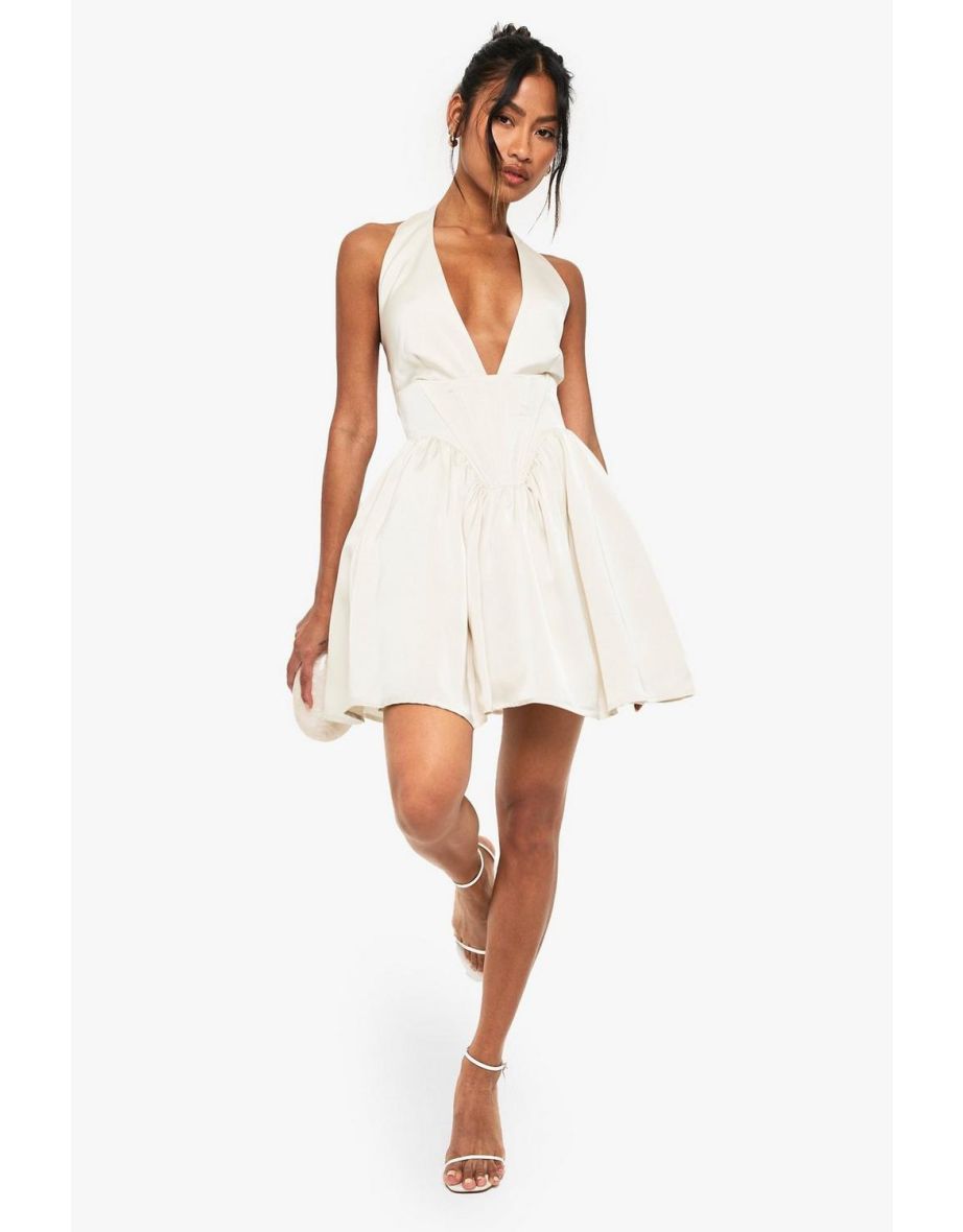 Satin Halterneck Boned Detail Volume Mini Dress - oyster