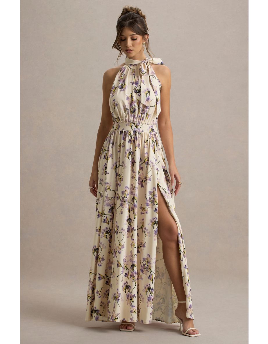 Talia | Lemon Floral Print High-Neck Split Maxi Dress With Bow