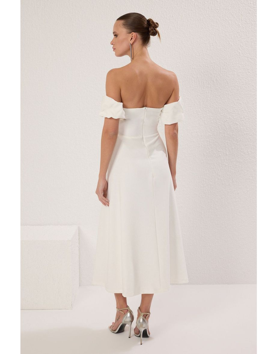 White Body-Styling Stone Print Detail Woven Midi Chic Dress - 4