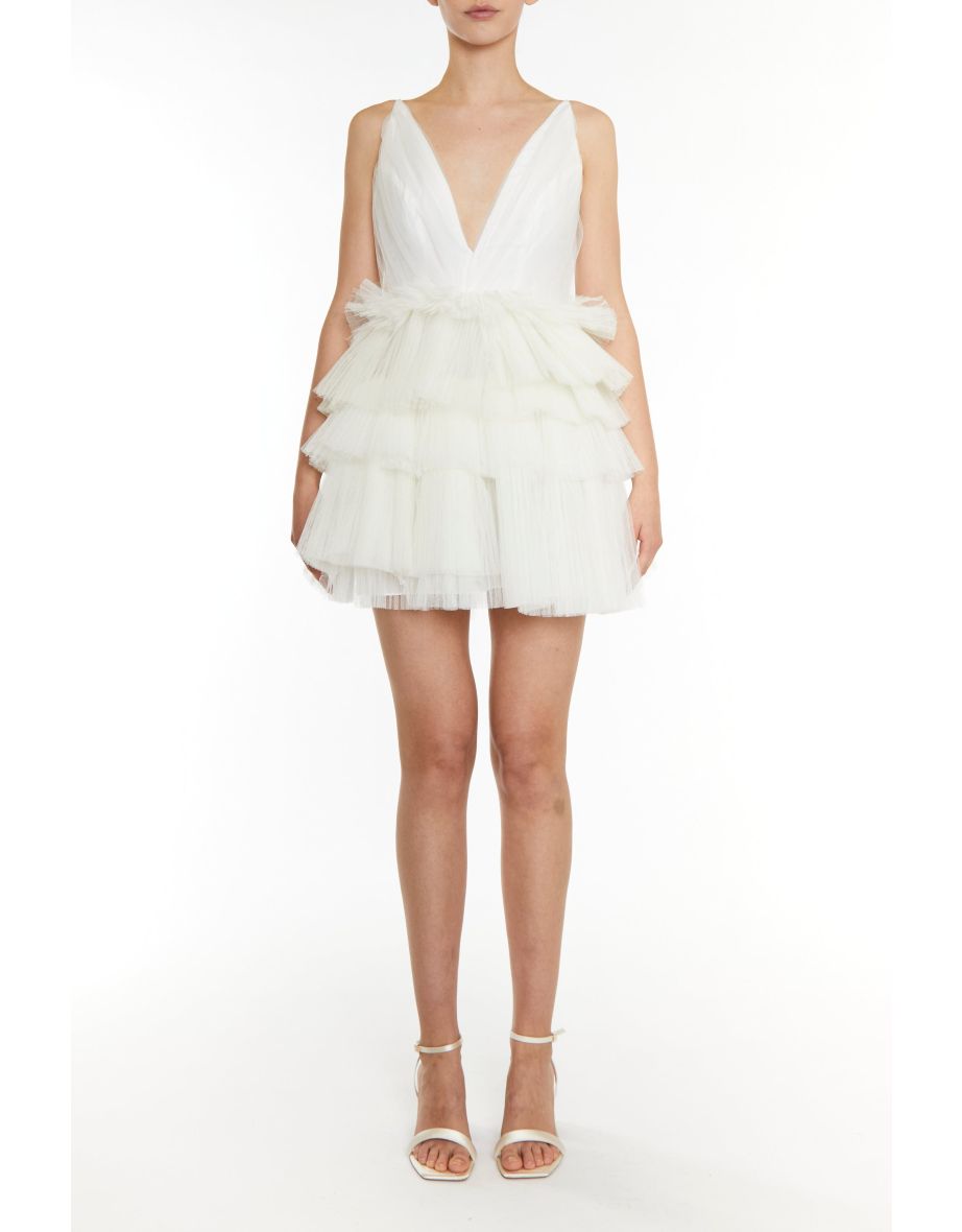 Gia White Plunge Front Tiered Mini Dress