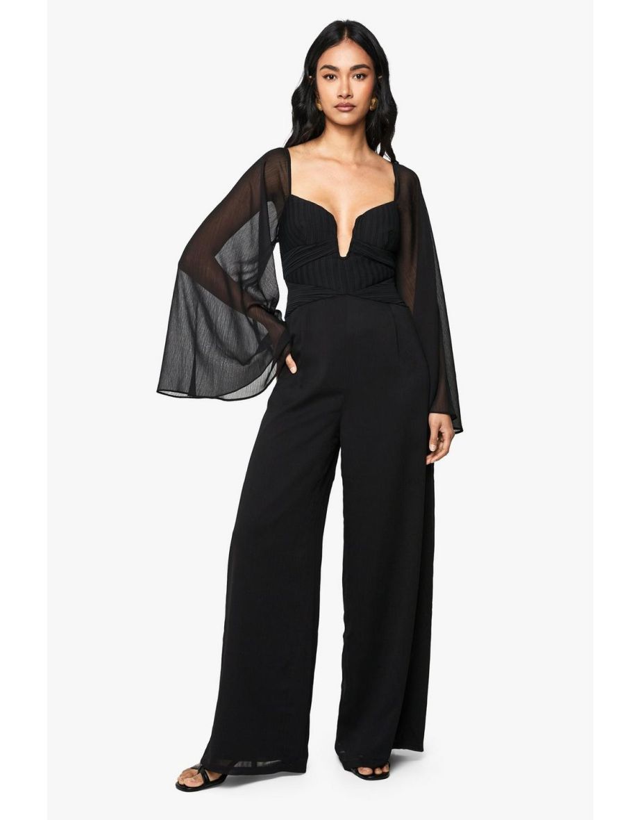 Chiffon Pleated Long Sleeve Jumpsuit - black
