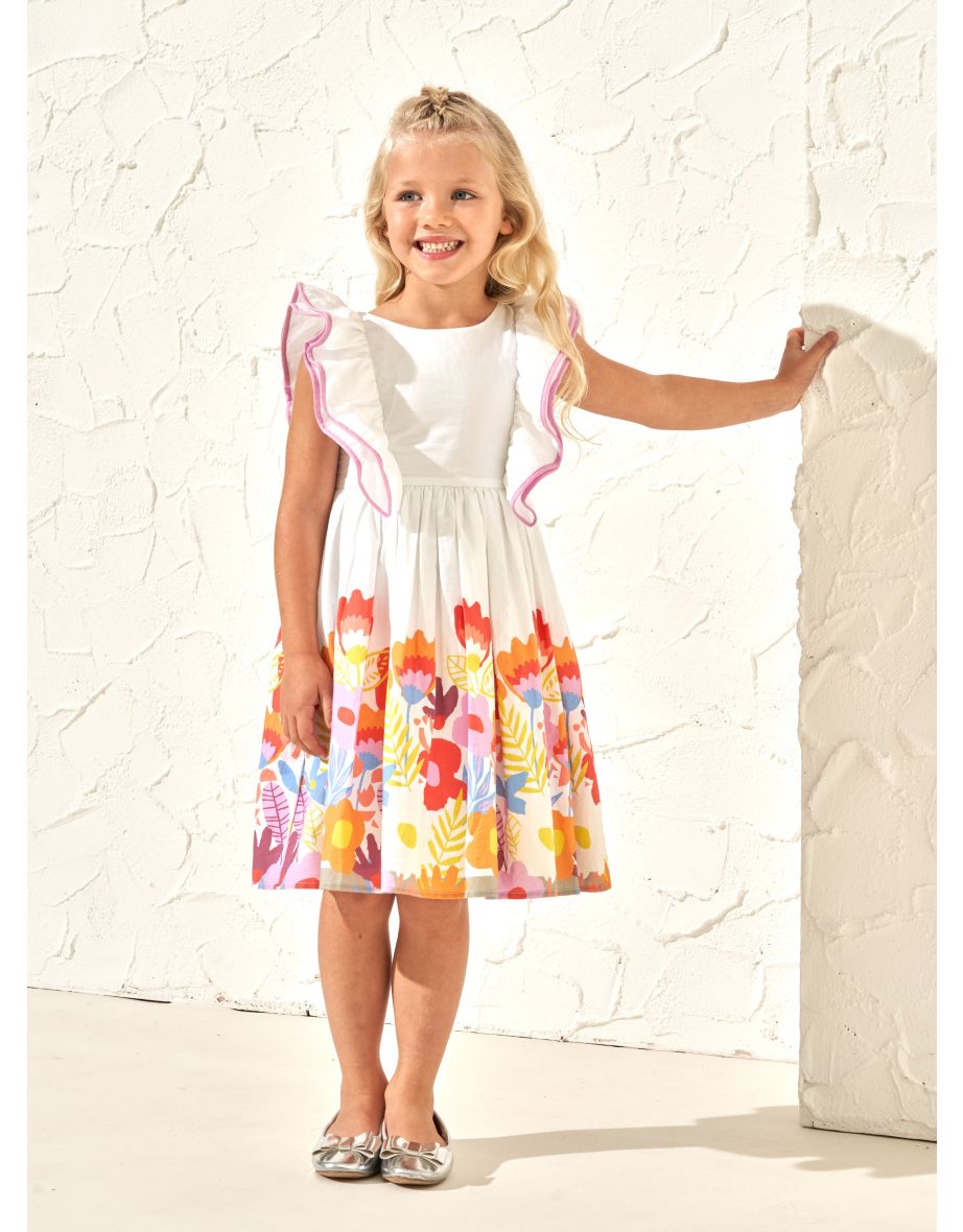 Renee White Border Print Ruffle Dress