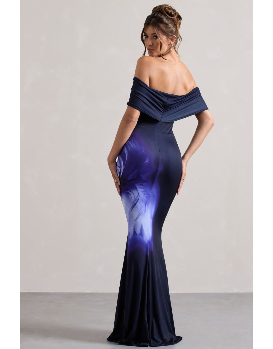 Alaia | Navy Floral Print Bardot Maxi Dress - 4