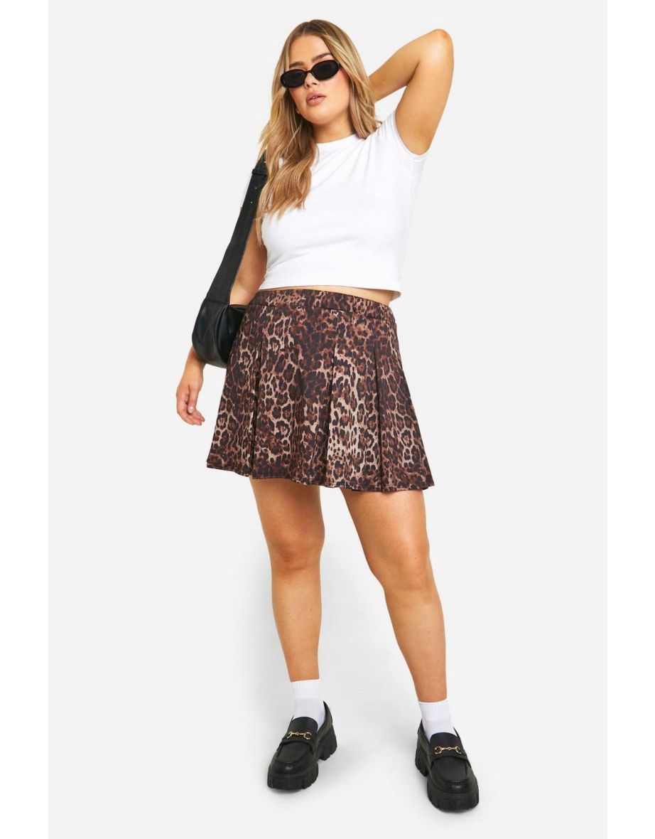 Plus Leopard Print Pleated Woven Stretch Tennis Skirt