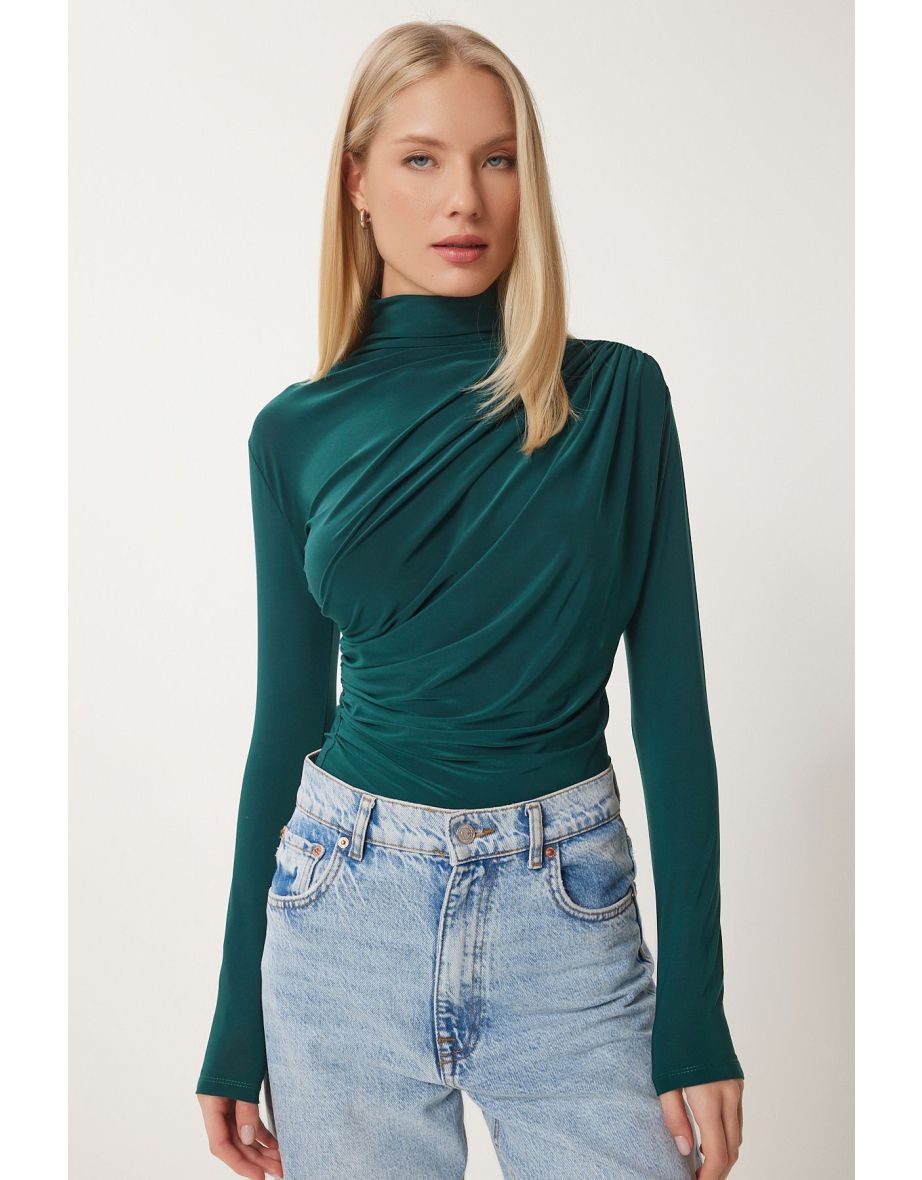 Women's Dark Green Ruffle Detailed Standing Collar Sandy Blouse